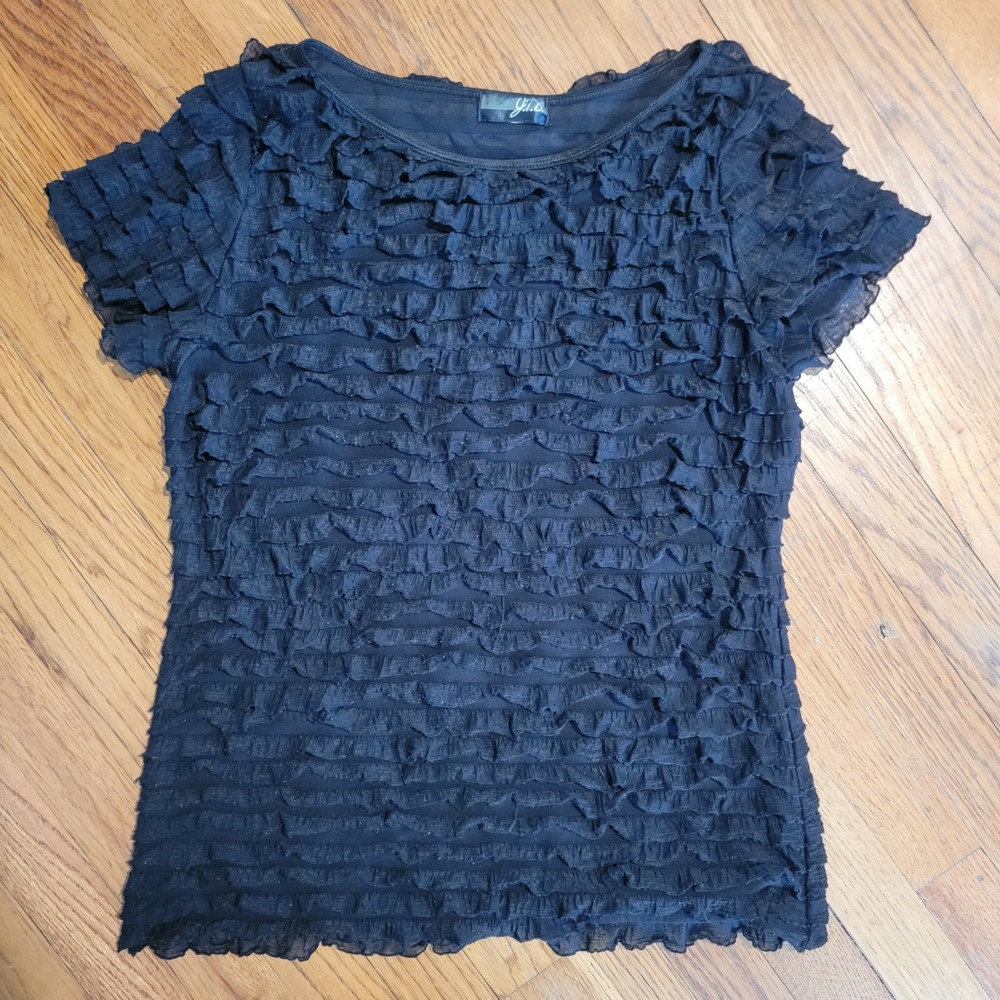 JTB Black Short Sleeve Whimsigoth Stretch Ruffle Top Women's Medium‎ or Large
